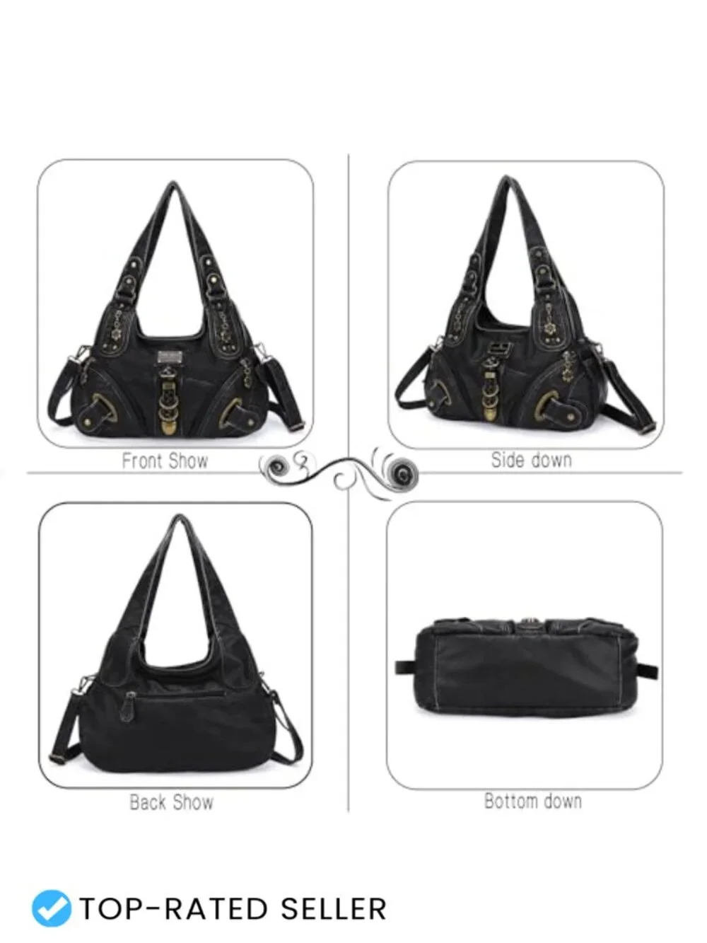 Washed PU Leather Hobo Satchel Handbag with Silver Hardware, Large Shoulder Bag